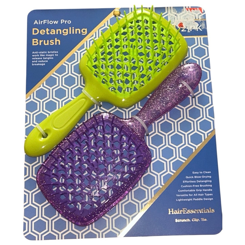 Hair Essentials AirFlow Pro 2-Pack Lightweight Detangling Paddle Hair Brush New